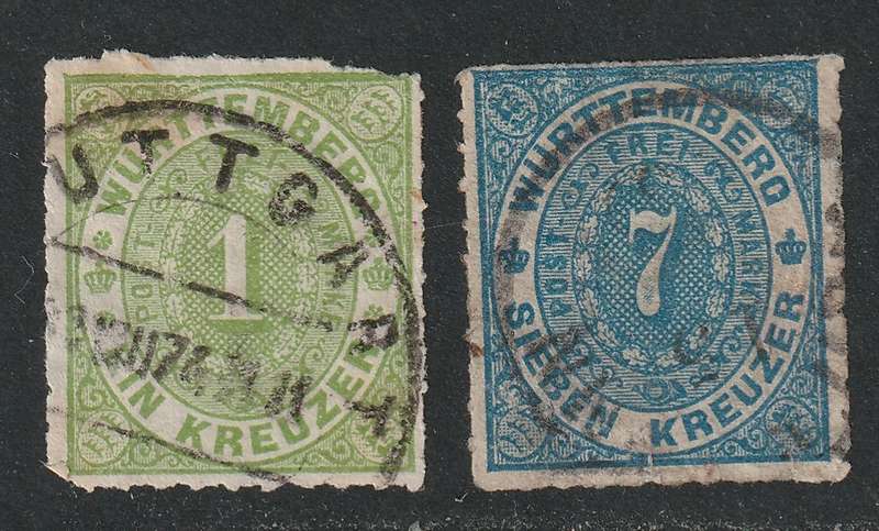 GERMAN STATES - WURTTEMBERG  1869 Value Issue Rouletted 1kr green and 7kr blue used.