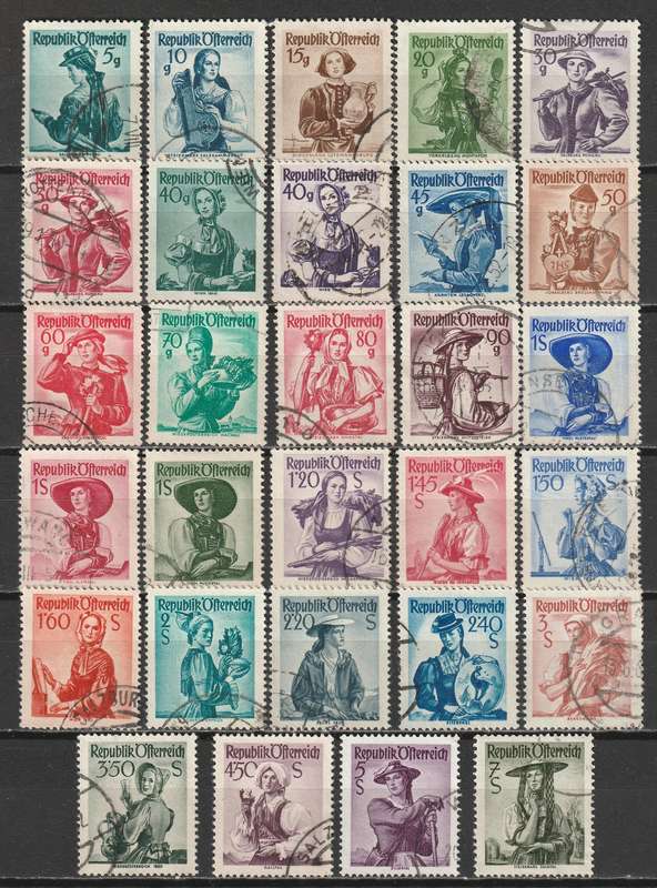 AUSTRIA -  1948/1953 National Costumes (29 stamps)  part set VF USED