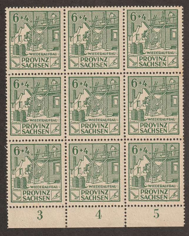 GERMANY - ALLIED OCCUPATION RUSSIAN ZONE "Saxony" 1946 6pfg green marginal block of 9 **UM**