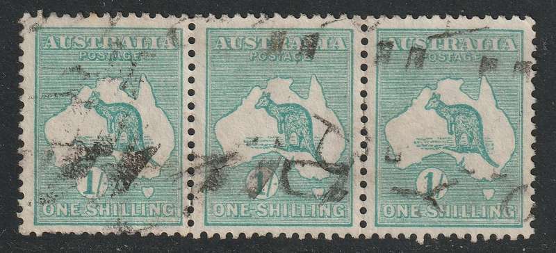 AUSTRALIA - 1915/28 ROOS 1s blue-green strip of 3  (Wmk 6 Narrow Crown)