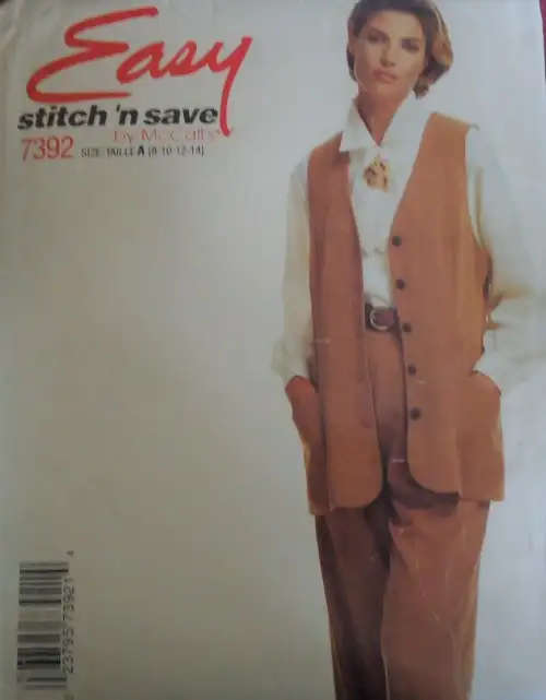 McCALL`S PATTERN 7392 UNLINED WAISTCOAT-SHIRT-PANTS-ASCOT-SIZE A 8-10-12-14 COMPLETE  SEWING PATTERN