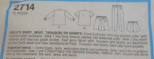 STYLE 2714 KID`S SKIRT-PANTS-SHORTS SIZE 4 YEARS CHEST 58 CM - COMPLETE SEWING PATTERN