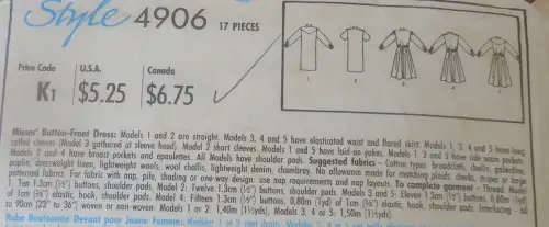 STYLE 4906 -FRONT BUTTON DRESS SIZE N10+12+14 COMPLETE SEWING PATTERN