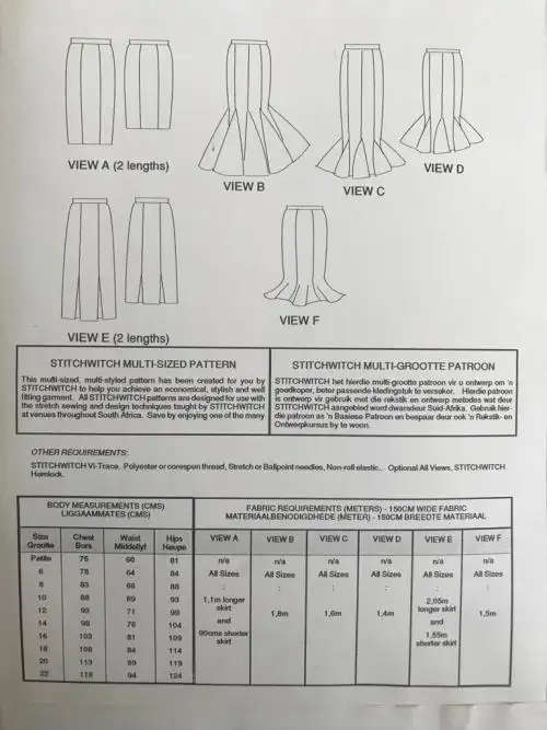 StitchWitch sewing pattern no. M102, ladies pull-on panelled skirts, size Small to22 SEWING PATTERN