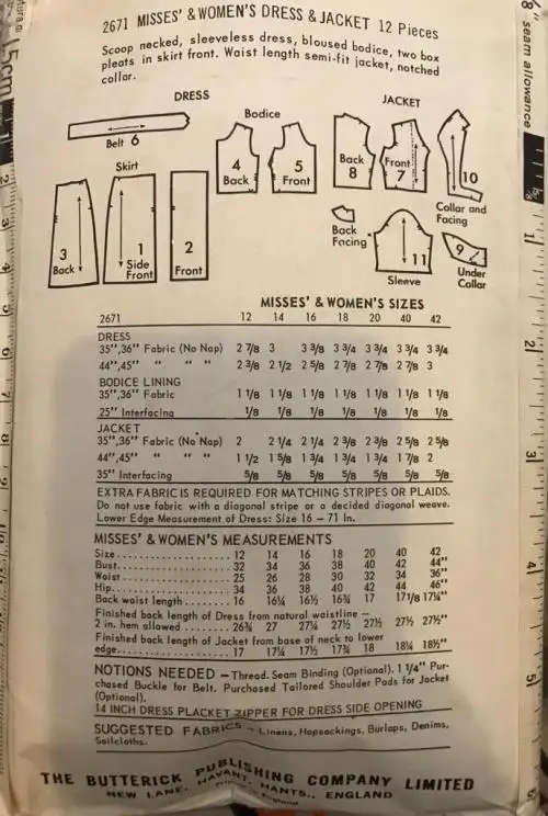 Sewing pattern Butterick 2671, ladies` vintage jacket and dress