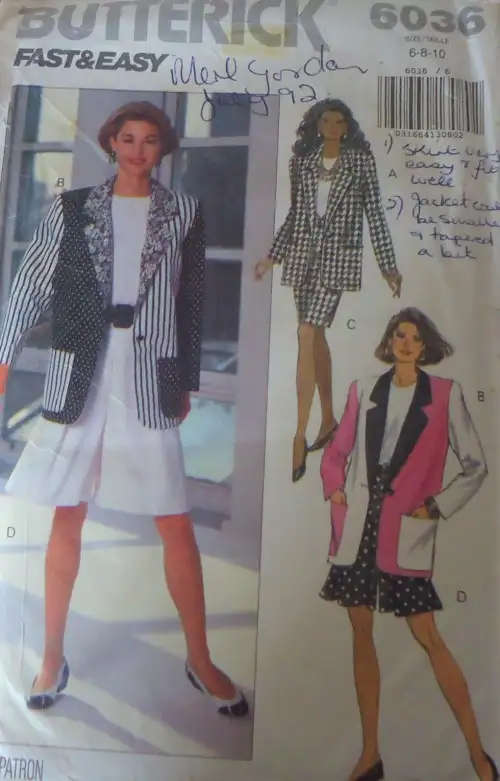 BUTTERICK PATTERN 6036 JACKET, TOP, SHORTS & SKIRT SIZES 6 + 8 + 10 COMPLETE  SEWING PATTERN