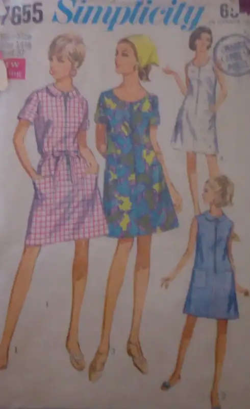 VINTAGE SIMPLICITY 7655 DRESS WITH 2 NECK INTERSTS SIZE 14 1/2 BUST 37" COMPLETE  SEWING PATTERN