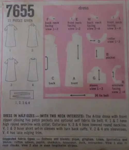 VINTAGE SIMPLICITY 7655 DRESS WITH 2 NECK INTERSTS SIZE 14 1/2 BUST 37" COMPLETE  SEWING PATTERN
