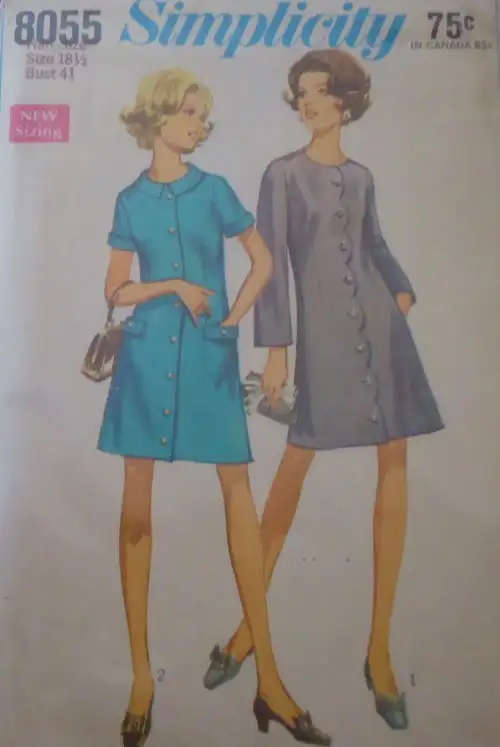 VINTAGE SIMPLICITY 8055 COAT-DRESS SIZE 18 1/2 BUST 41" COMPLETE-ZIPLOC BAG SEWING PATTERN