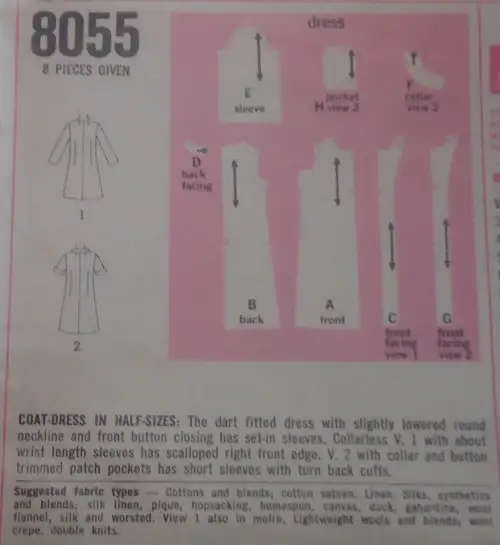 VINTAGE SIMPLICITY 8055 COAT-DRESS SIZE 18 1/2 BUST 41" COMPLETE-ZIPLOC BAG SEWING PATTERN