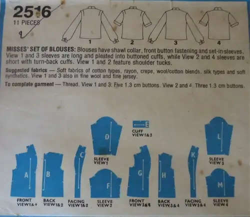 STYLE 2516 SET OF BLOUSES SIZE 12 BUST 34`/87 CM COMPLETE SEWING PATTERN