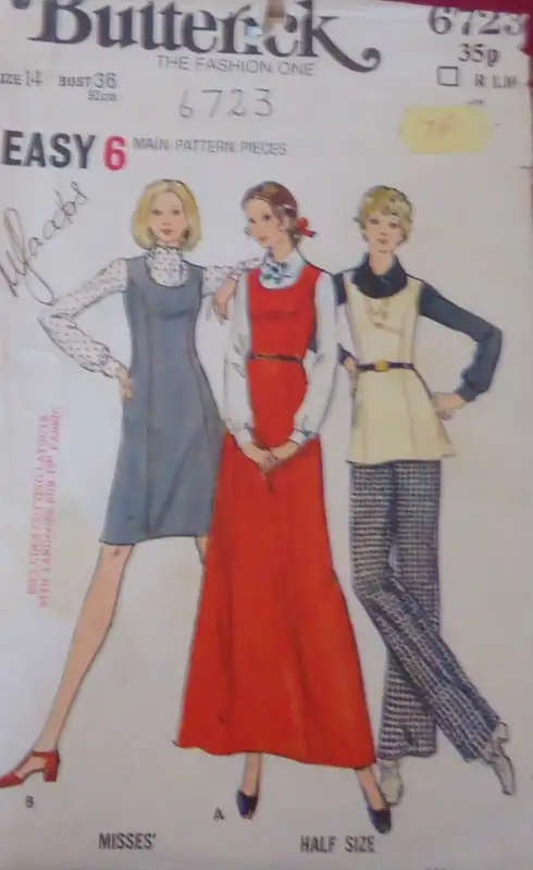 BUTTERICK 6723 PINAFORE-TUNIC-PANTS SIZE 14 BUST 36` COMPLETE-ZIPLOC BAG SEWING PATTERN