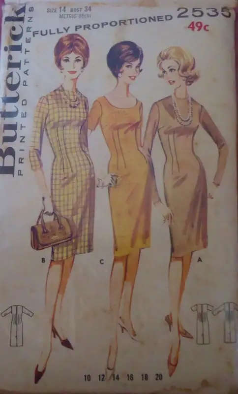 VINTAGE BUTTERICK 2535 PROPORTIONED SHEATH/DRESS SIZE 14 BUST 34" SEE LISTING -ZIPLO- SEWING PATTERN