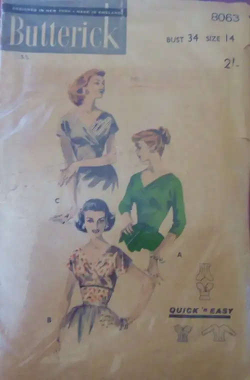 VINTAGE BUTTERICK 8063 SET OF BLOUSES SIZE 14  BUST 34" COMPLETE - ZIPLOC BAGVINTAGE- SEWING PATTERN