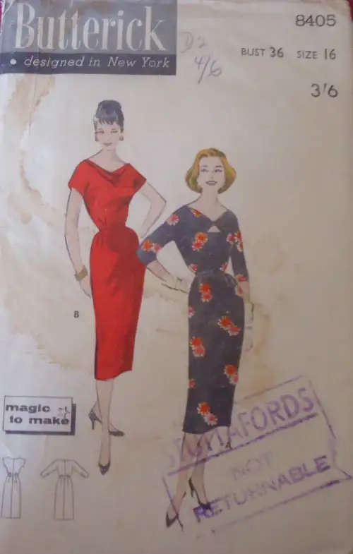VINTAGE BUTTERICK 8405 SHEATH DRESS WITH SOFTLY DRAPED SIZE 16 BUST 36" COMPLETE-UNCU SEWING PATTERN