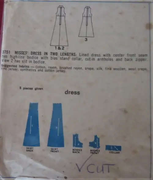 STYLE 3751 LINED DRESS WITH HIGH BODICE AND STAND COLLAR SIZE 14 BUST 36" COMPLETE SEWING PATTERN
