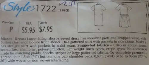STYLE 1722 LOOSE FITTING SHORT SLEEVE DRESS SIZE K8-10-12 COMPLETE SEWING PATTERN