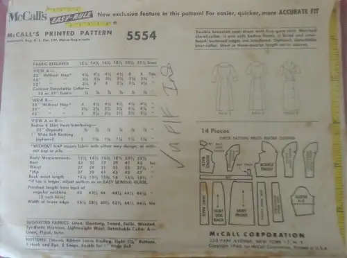 1940'S VINTAGE McCALLS 5554 COATDRESS +DETACHABLE COLLAR SIZE 16 BUST 36" COMPLETE-UN SEWING PATTERN