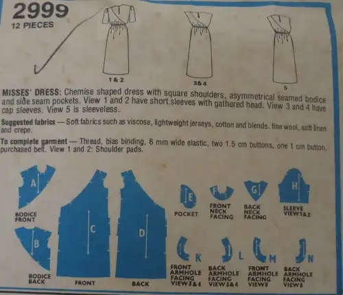 STYLE 2999 CHEMISE SHAPED DRESS + SQUARE SHOULDERS SIZE 10 BUST 83 CM COMPL COMPLETE  SEWING PATTERN