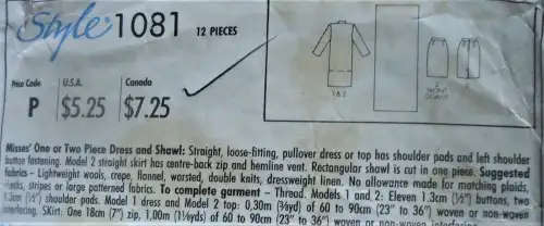 STYLE 1081 ONE OR TWO PIECE DRESS WITH SHAWL SIZE OO12-18 COMPLETE SEWING PATTERN