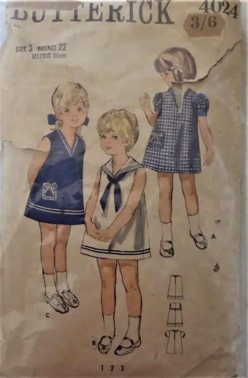 VINTAGE BUTTERICK 4024 GIRL`S ONE PIECE DRESS SIZE 3 YEARS BREAST 22` COMPLETE-  SEWING PATTERN