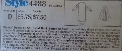 STYLE 4488 DRESS -SHIRT-BACK BUTTONED SKIRT SIZE 8 -COMPLETE-UNCUT-F/FOLDED SEWING PATTERN