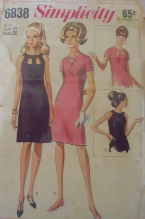 VINTAGE SIMPLICITY 6838 ONE PIECE DRESS WITH FRONT NECK FEATURE SIZE 12 BUST 32" SEWING PATTERN