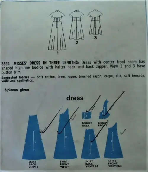 VINTAGE STYLE 3694 HALTER DRESS IN 3 LENGTHS SIZE 12 BUST 34" COMPLETE-NO SEWING INST SEWING PATTERN