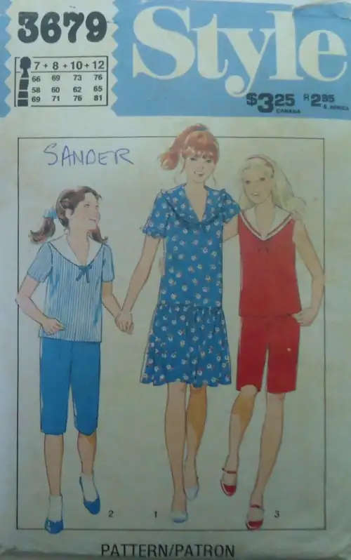 STYLE 3679 GIRL`S PULLOVER DRESS-TOP-KNEE BREECHES -SHORTS SIZE 7-8-10-12 YEARS-COMPL SEWING PATTERN