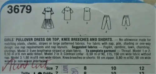 STYLE 3679 GIRL`S PULLOVER DRESS-TOP-KNEE BREECHES -SHORTS SIZE 7-8-10-12 YEARS-COMPL SEWING PATTERN