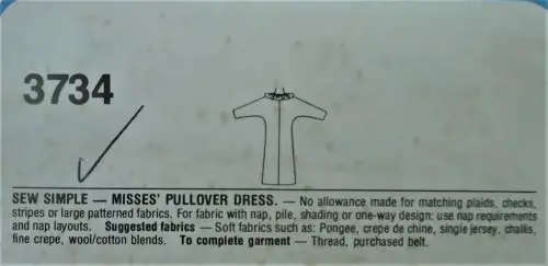 STYLE 3734 PULLOVER DRESS SIZE 10-12-14 COMPLETESTYLE 3734 DRESS SIZE 10-12-14  SEWING PATTERN