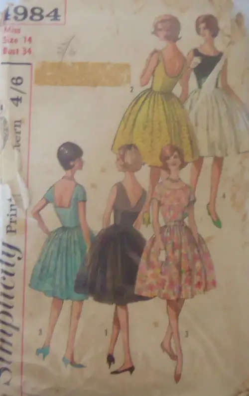 VINTAGE SIMPLICITY 4984 ONE PIECE DRESS WITH 3 BACKS SIZE 14 BUST 34" COMPLETE+ZIPLOC SEWING PATTERN