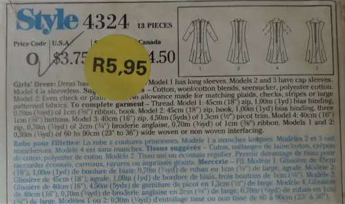 STYLE 4324 GIRL`S DRESS SIZE 10-12-14 YEARS COMPLETE-ZIPLOC BAG SEWING PATTERN