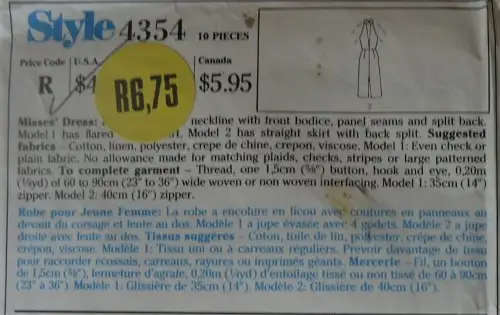 STYLE 4354 STUNNING NECKLINE DRESS SIZE 12-14-16 COMPLETE SEWING PATTERN