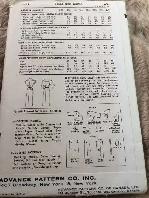 PATTERN ADVANCE 8501 (VERY VINTAGE, NEAT & TIDY PATTERN) - HALF-SIZE DRESS (SIZE 16.5 SEWING PATTERN