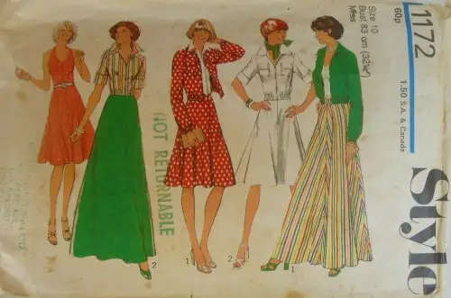 STYLE 1172 SKIRT-UNLINED JACKET-TOP SIZE 10 BUST 83 CM COMPLETE-NO SEWING INSTRUCTION SEWING PATTERN