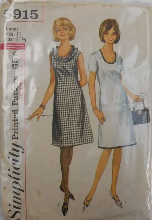 VINTAGE SIMPLICITY 5915 ONE PIECE DRESS SIZE 11 BUST 31 1/2  COMPLETE-ZIPLOC BAGVINTA SEWING PATTERN