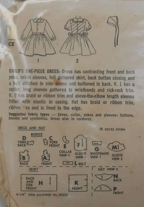 VINTAGE SIMPLICITY 4665 GIRLS ONE PIECE DRESS & BONNET SIZE 4 YEARS COMPLETE-ZIPLOC-  SEWING PATTERN