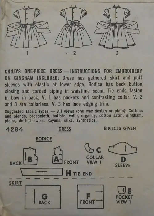 V/VINTAGE SIMPLICITY 4284 GIRLS ONE PIECE DRESS SIZE 3 YEARS - COMPLETE   TRANSFER-  SEWING PATTERN
