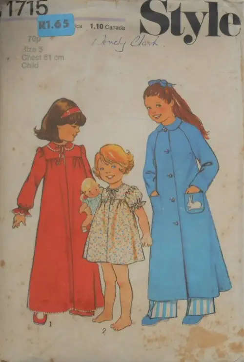 STYLE 1715 GIRLS NIGHTGOWN & DRESSING GOWN SIZE 3 YEARS-COMPLETE SEWING PATTERN