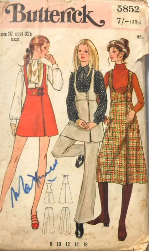 BUTTERICK 5852 PINAFORE & PANTS SIZE 10 BUST 32 1/2 COMPLETE -  SEWING PATTERN
