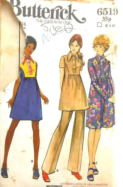 VINTAGE BUTTERICK 6519 MATERNITY DRESS-PANTS SIZE 12 BUST 34 COMPLETE  SEWING PATTERN
