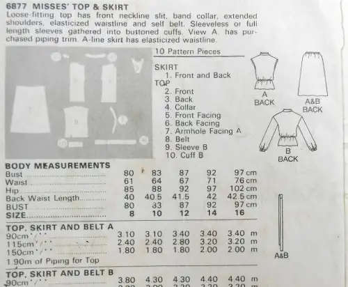 BUTTERICK 6877 TOP-SKIRT SIZE 14 COMPLETE SEWING PATTERN