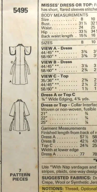 VINTAGE McCALLS 5495 DRESS & TOP  SIZE 12 BUST 87 CM COMPLETEVINTAGE McCALLS 5495 DRE SEWING PATTERN
