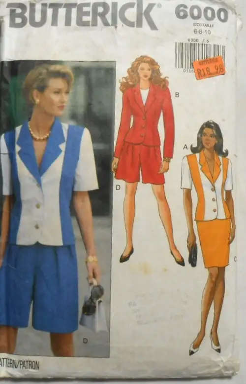 BUTTERICK 6000 JACKET-SKIRT-SHORTS SIZE 6-8-10 COMPLETE SEWING PATTERN