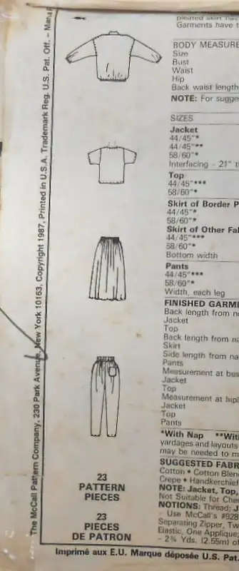 McCALLS 3082 UNLINED JACKET-TOP-SKIRT-PANTS SIZE 8 COMPLETE SEWING PATTERN