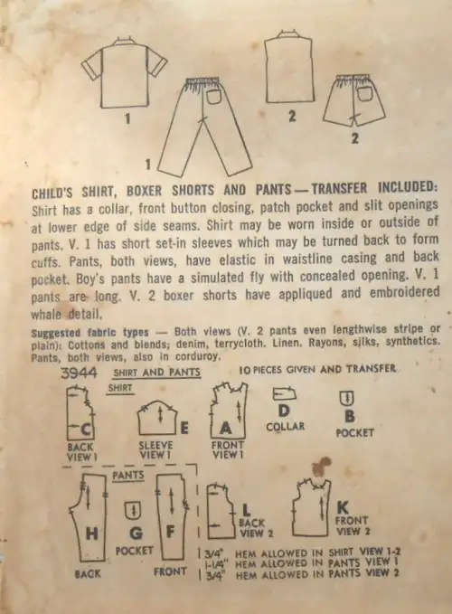 SIMPLICITY 3944  CHILD SHIRT-BOXER SHORTS-PANTS SIZE 3 YEARS COMPLETE-NO TRANsfer SEWING PATTERN
