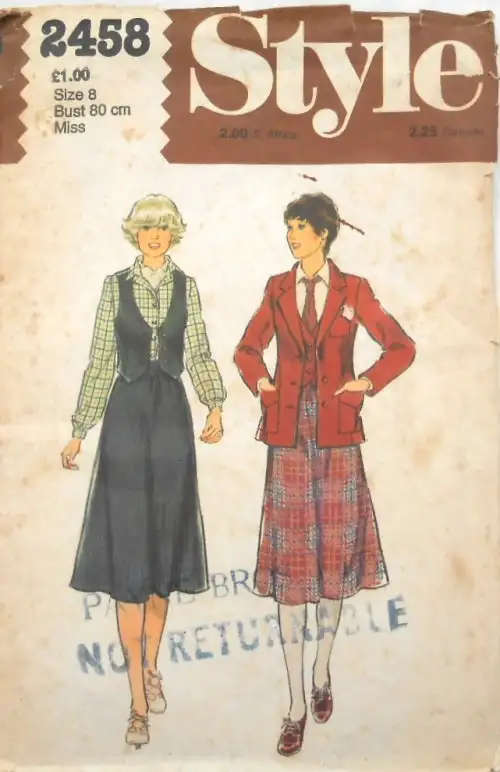STYLE 2458 UNLINED JACKET-WAISTCOAT-SKIRT SIZE 8 BUST 80 CM COMPLETESTYLE 2458 UNLINE SEWING PATTERN