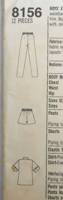 SIMPLICITY 8156 BOYS SHIRT-PANTS-SHORTS SIZE 7 YEARS COMPLETESIMPLICITY 8156 SEWING PATTERN