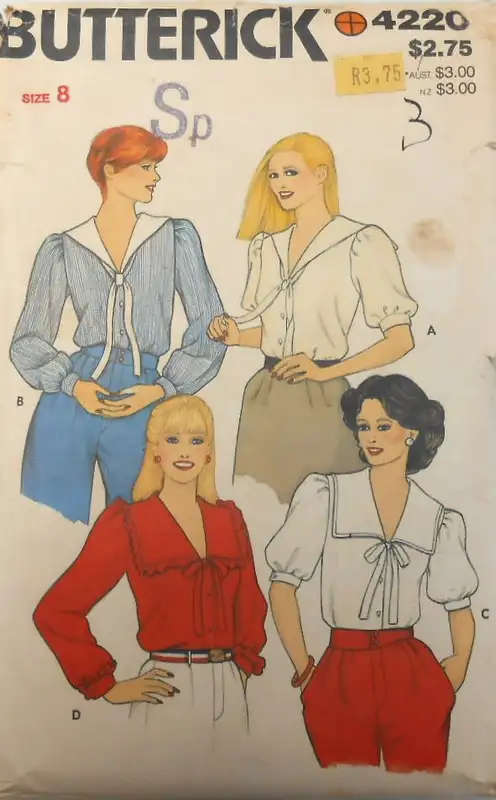 BUTTERICK 4220 SET OF BLOUSES SIZE 8 COMPLETE SEWING PATTERN